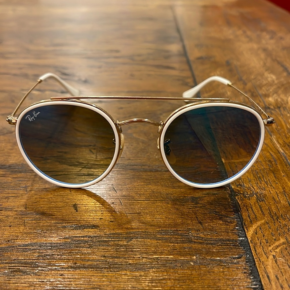 Ray-ban Sun Glasses. White Rim. Blue tint lenses.